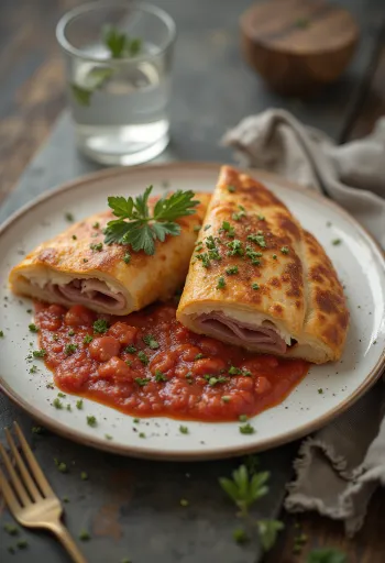 Calzone paradicsomszósszal, aranybarna kérgű, mozzarellával és paradicsomszósszal töltve