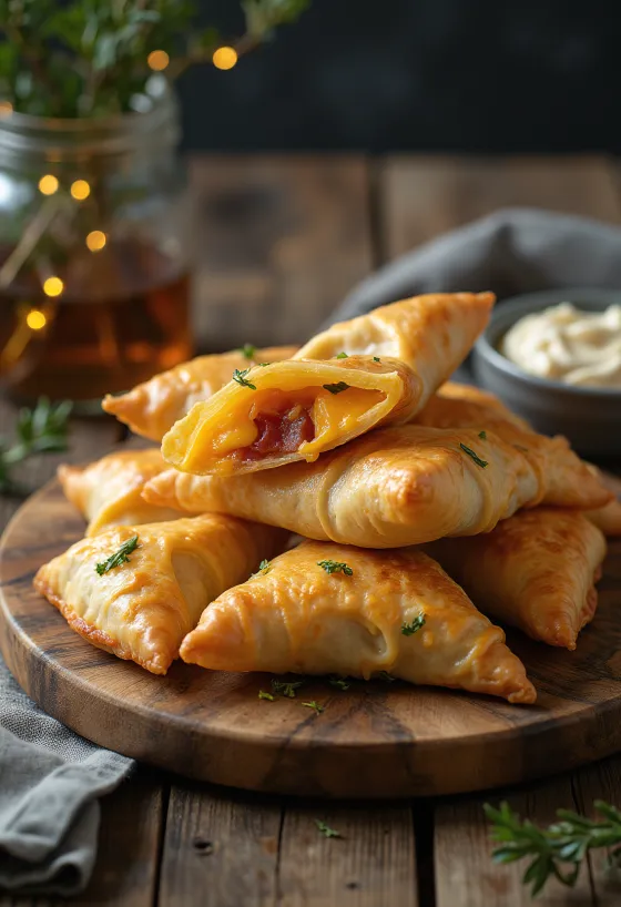 Cheddaros és baconnel töltött samosa tálalva