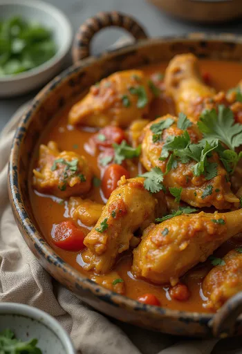 Chicken balti curry served with naan bread and basmati rice.
