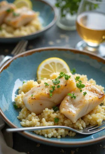 Klasszikus couscous halakkal, gazdag fűszerekkel tálalva, friss korianderrel