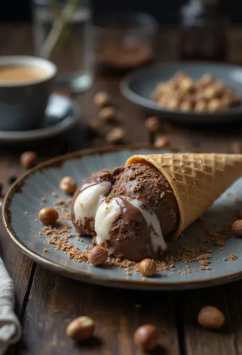 Csokoládés kulfi tálalva, pisztáciával és friss csokoládé darabokkal