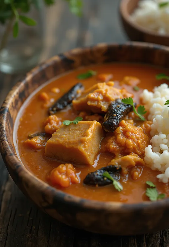 Egusi soup füstölt hallal, tálalva gazdag húsos és zöldséges mártásban.