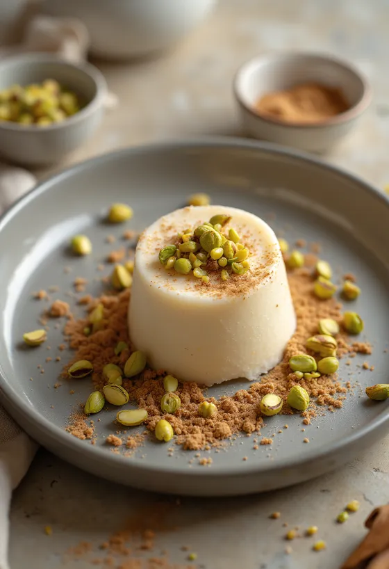Fahéjas kulfi, gazdag, krémes állagban, pistáciával megszórva