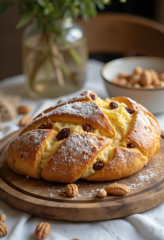 Fenyőmagos Stollen szeletelve, porcukorral megszórva, pirított fenyőmaggal díszítve
