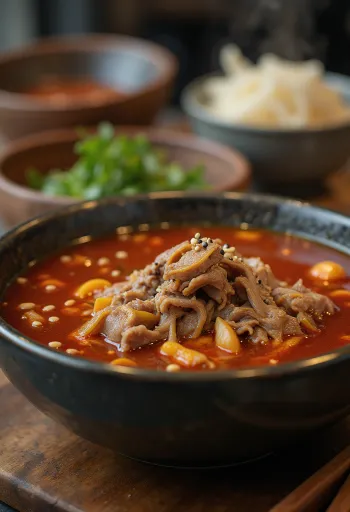 Fűszeres Szójaszószos Yukgaejang, koreai marhahúsos tészta leves friss tojással és tengeri algával