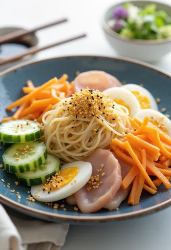 Hiyashi chuka hideg japán ramen zöldségekkel és tojással