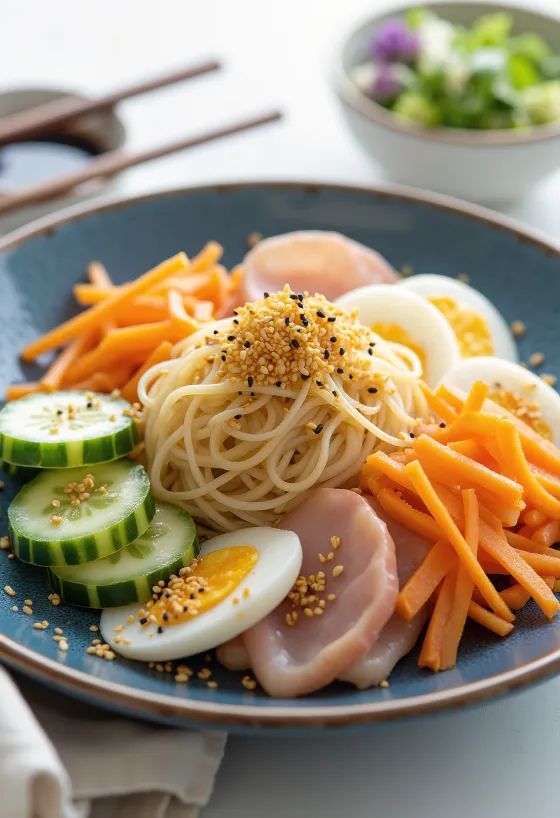 Hiyashi chuka hideg japán ramen zöldségekkel és tojással