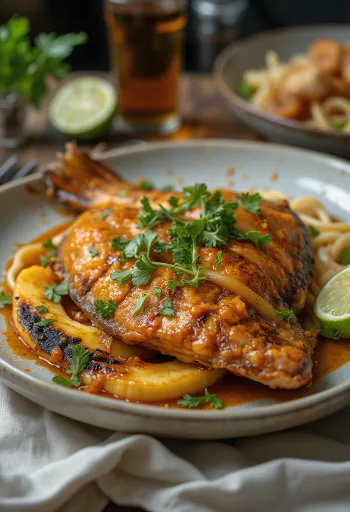 Ikan bakar grillezve banánlevélben, friss korianderrel