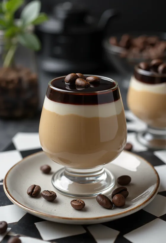 Kávés panna cotta kakaóporral és tejszínhabbal díszítve