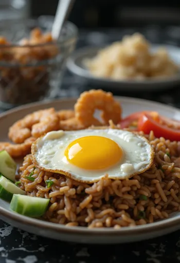 Klasszikus Nasi Goreng, gazdag fűszerekkel, csirkével és tojással tálalva