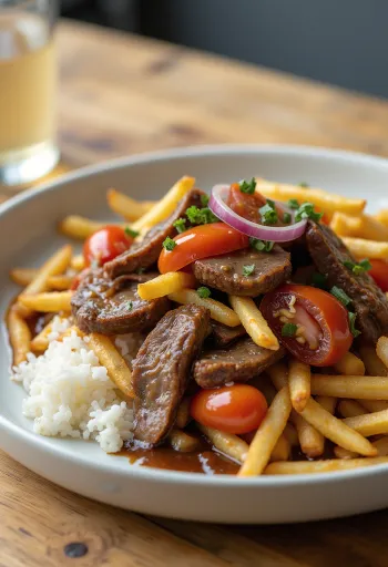 Lomo Saltado sertéshússal, zöldségekkel és kókuszaminóval tálalva
