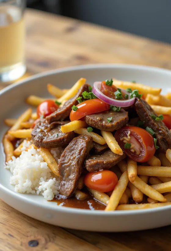 Lomo Saltado sertéshússal, zöldségekkel és kókuszaminóval tálalva