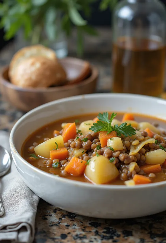 Minestrone leves lencsével tálalva, sok zöldséggel és tésztával egy mélytányérban