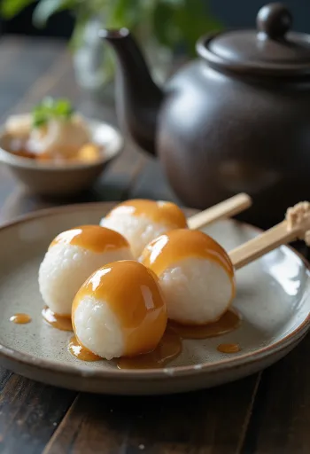 Mitarashi dango rizslisztes golyók, édes szójaszószban áztatva