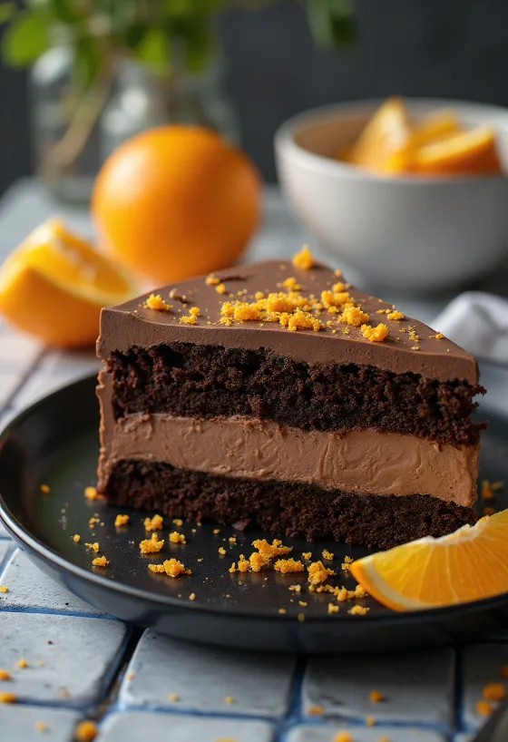 Narancsos csokihab torta gazdag krémmel és narancsszeletekkel
