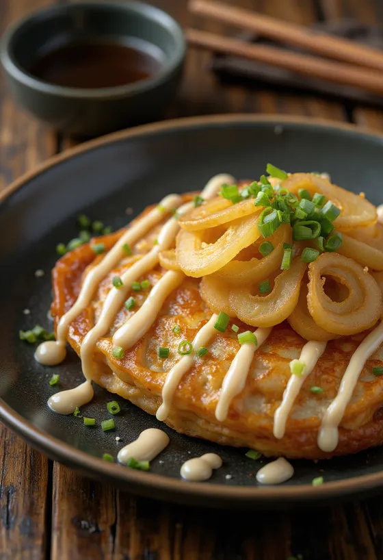 Fokhagymával készült okonomiyaki tálalva, okonomiyaki szósszal és bonito pelyhekkel