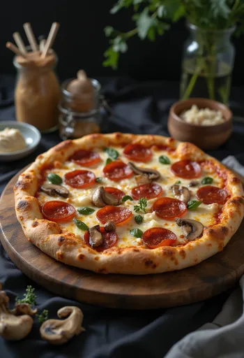 Pepperoni pizza gombával tálalva