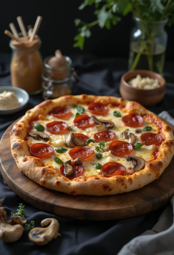 Pepperoni pizza gombával tálalva