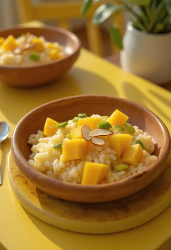 Phirni gyümölcsökkel, friss mangóval díszítve