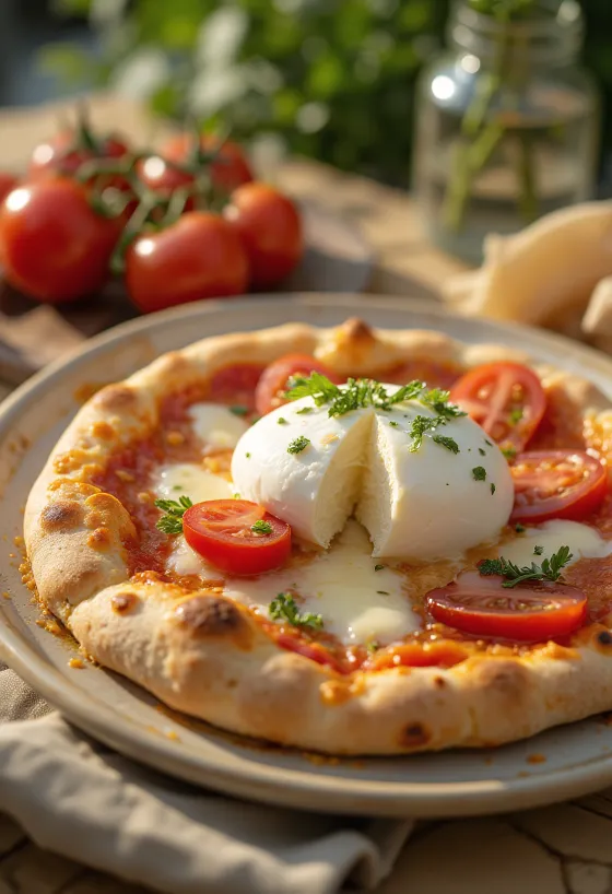 Pizza alla Burrata krémes burrata sajttal és friss bazsalikommal