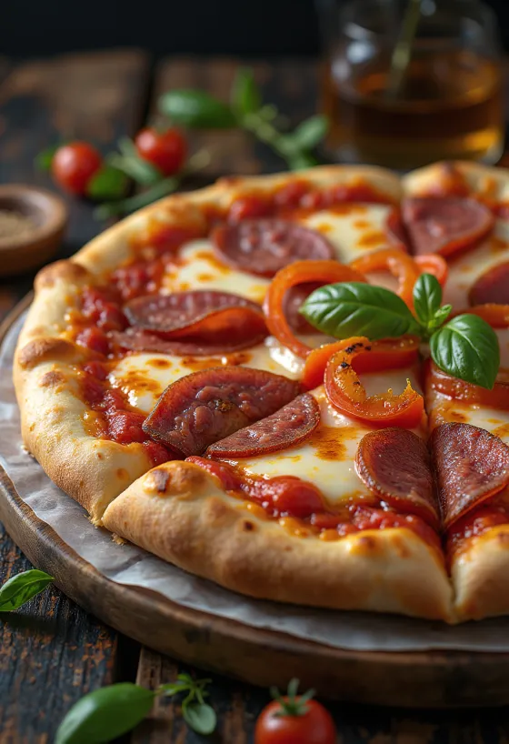 Pizza alla Campagnola szalámival és zöldségekkel