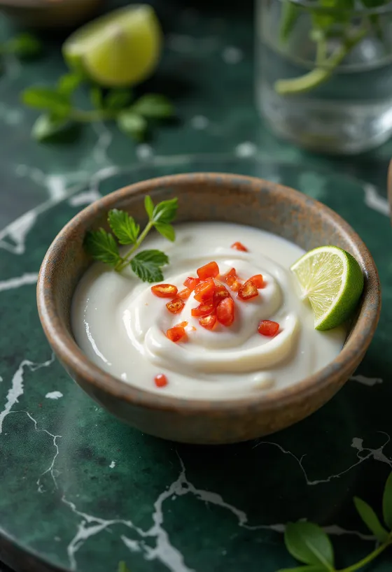 Rozmaringos kókusztejes chili lime szósz tálalva