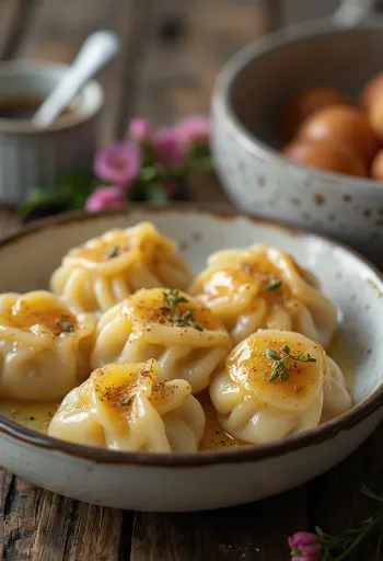 Rózsavizes-marcipános dumpling tálalva