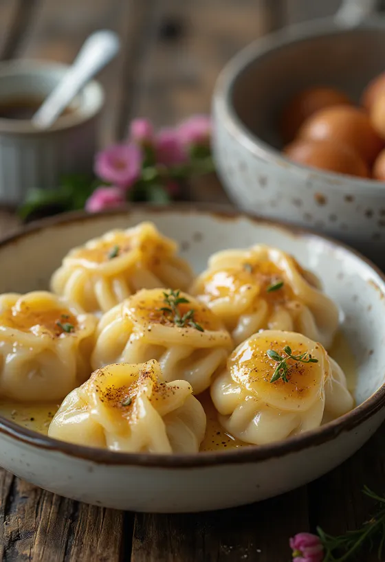 Rózsavizes-marcipános dumpling tálalva