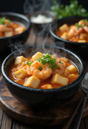 Saeujeot jjigae, koreai fűszeres rákos tofu leves tálalva