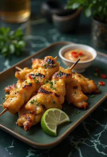 Satay csirkével tálalva földimogyoró szósszal