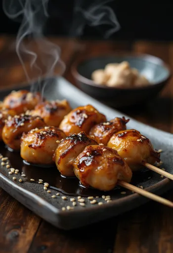 Sunagimo yakitori csirke zúza pálcikán, szezámmaggal és friss zöldhagymával tálalva