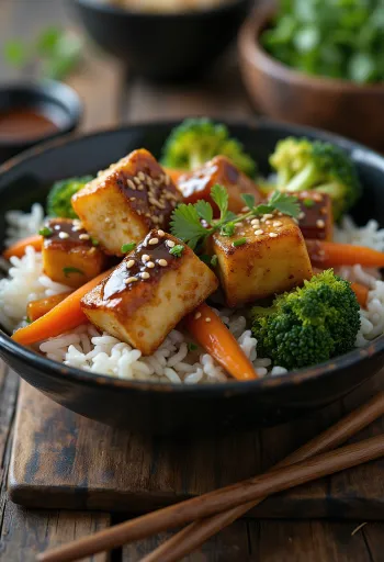 Szezámos tofu zöldségekkel, pirított szezámmal és friss zöldségekkel tálalva.