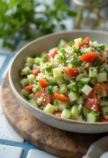Tabbouleh uborkával és friss petrezselyemmel tálalva