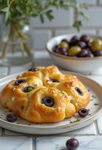 Tiganopsomo feta és olívabogyóval, tálalva friss kenyérrel és ropogós feta sajttal.