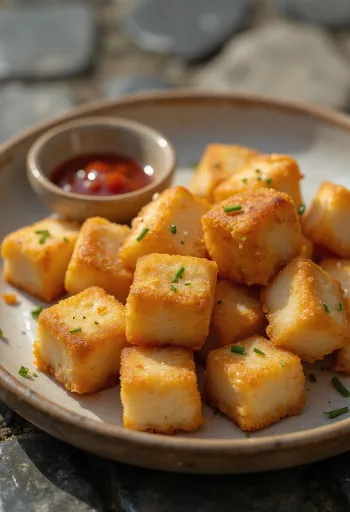 Ropogós tofu rántva, tálalva szójaszószban