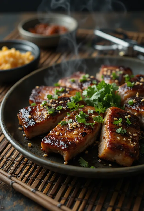 Tűzön sült galbi, szezámmaggal és korianderrel tálalva