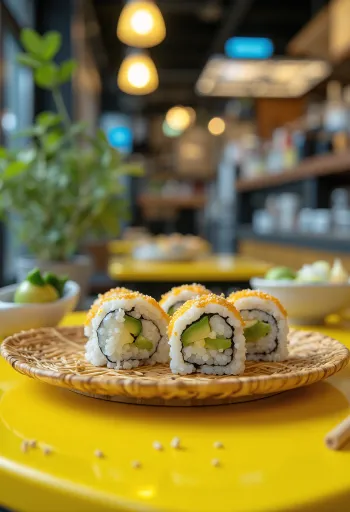Vegán sushi nori algával, avokádóval és szezámmaggal díszítve