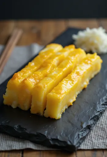 Atsuyaki Tamago szeletek, finoman szeletelve, elegánsan tálalva