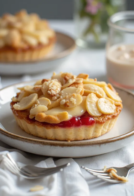 Bakewell tart klasszikus változata, frissen sült, mandulás, ribizlidzsemes pite