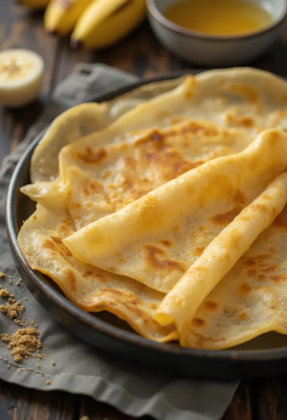 Banana dosa frissen, ropogósra sütve, banánnal tálalva