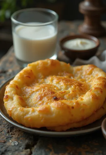 Frissen sült bhature tejjel tálalva