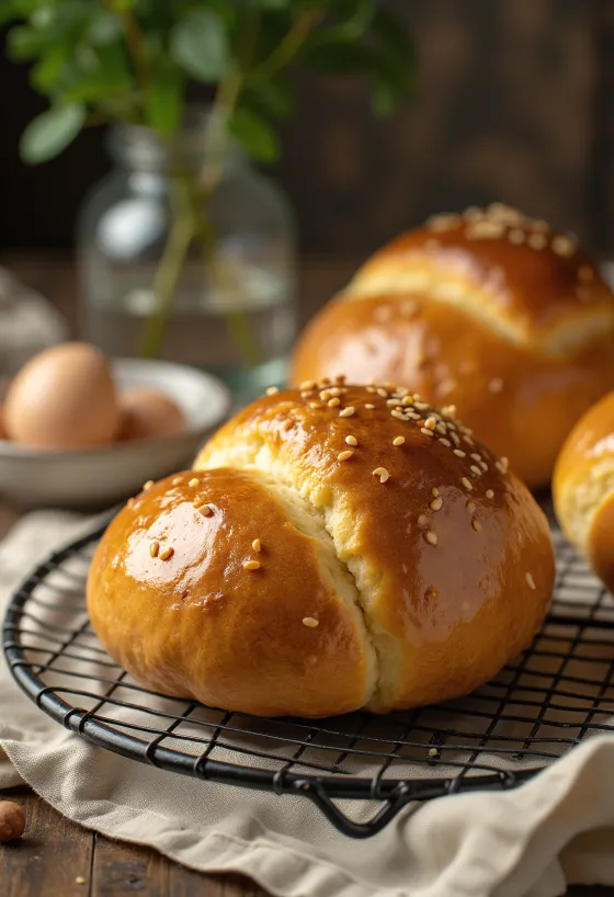 Frissen sült puha briós bucik szezámmaggal a tetejükön