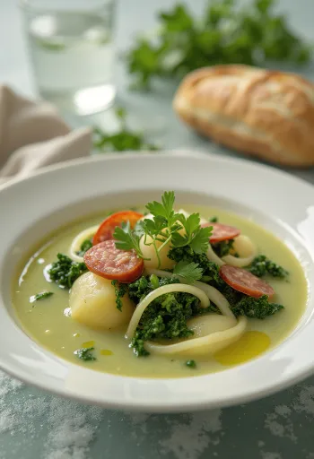 Caldo verde leves tálalva, friss zöld káposztával és kolbásszal