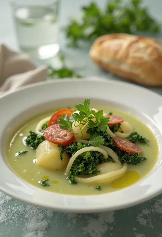 Caldo verde leves tálalva, friss zöld káposztával és kolbásszal