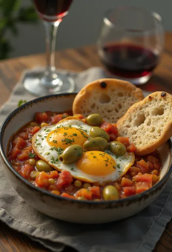 Caponata klasszikus változata tálalva, friss bazsalikommal