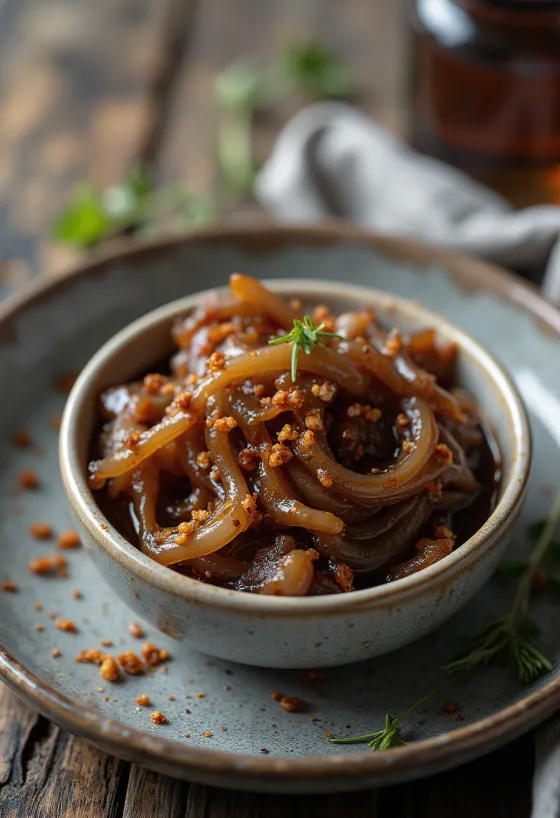 Chilis karamellizált hagymaszósz egy tálban, friss chilivel díszítve.