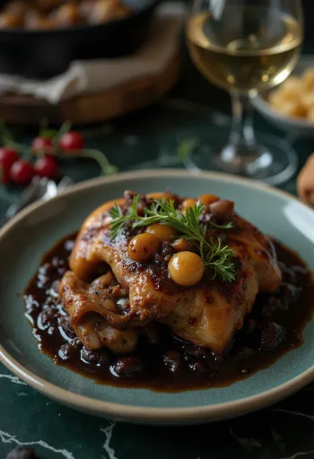 Coq au Vin tálalva friss petrezselyemmel és kenyérrel