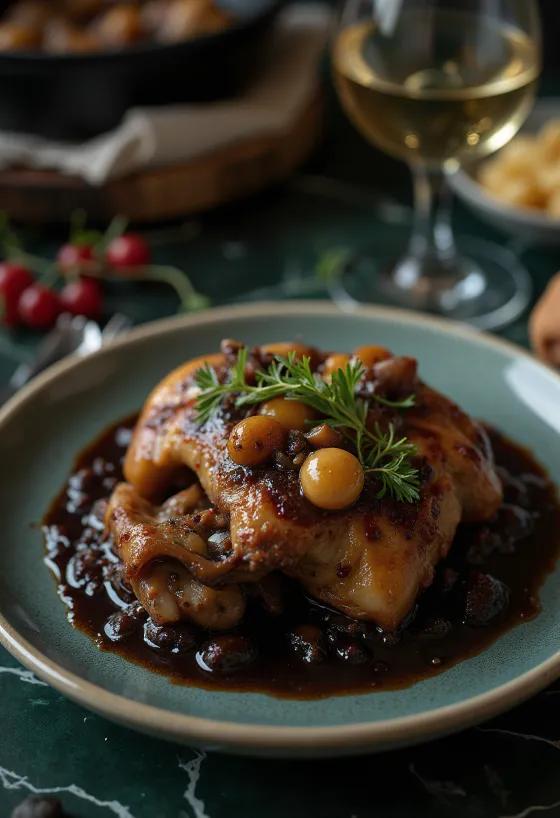 Coq au Vin tálalva friss petrezselyemmel és kenyérrel