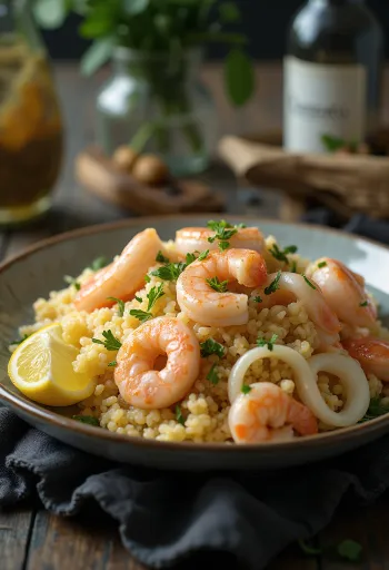Klasszikus couscous tenger gyümölcseivel, gazdag fűszerekkel tálalva, friss korianderrel