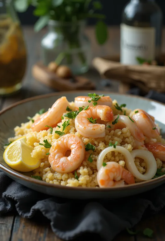 Klasszikus couscous tenger gyümölcseivel, gazdag fűszerekkel tálalva, friss korianderrel